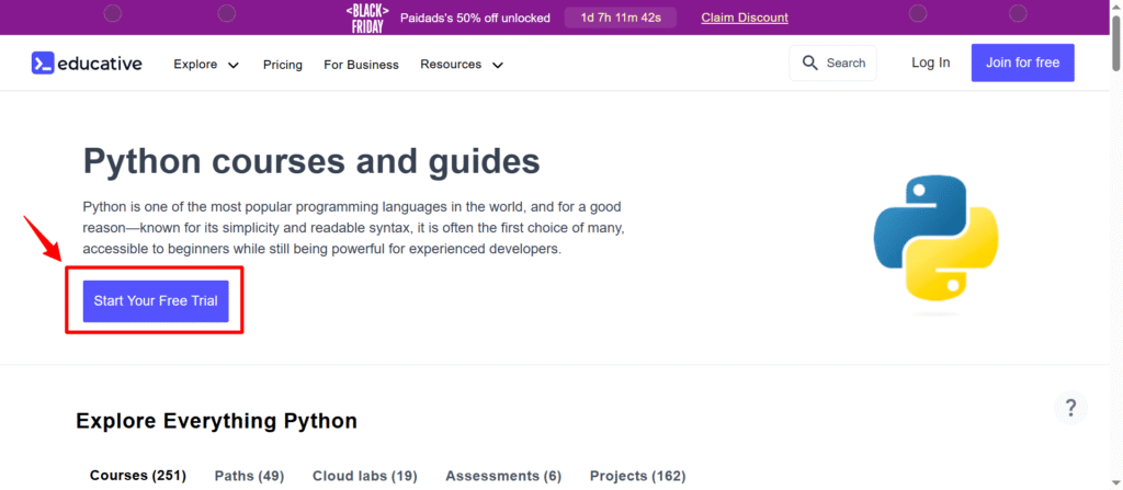 Click “Subscribe” or “Start Free Trial” on Educative.